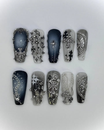Handmade Black Smoke Gray Chrome Cross Gothic Punk Press on Nails S65