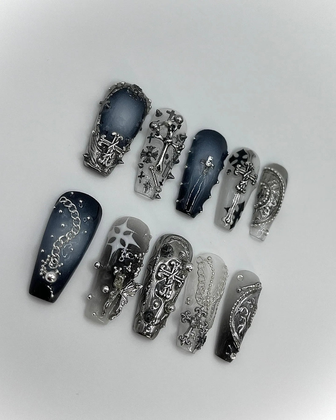 Handmade Black Smoke Gray Chrome Cross Gothic Punk Press on Nails S65
