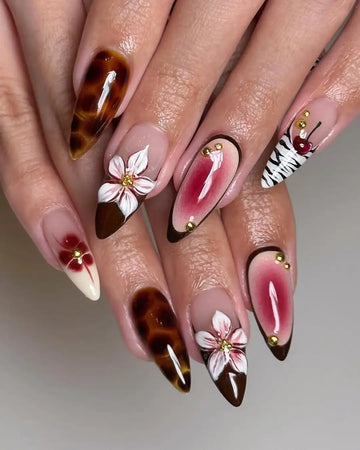 Handmade Blossom Beautiful Aura Cherry Brown & White Press-on Nails S19