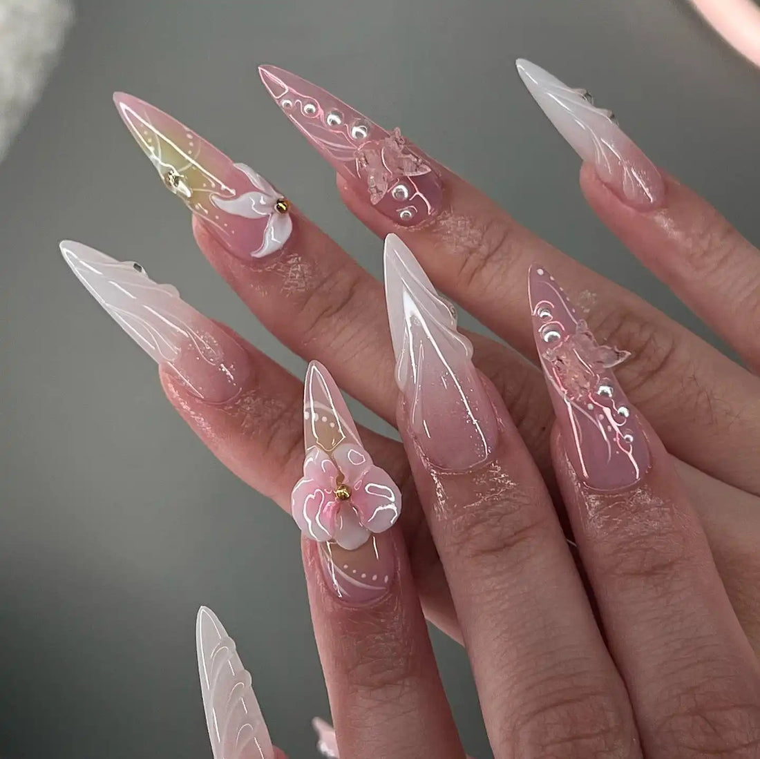 Handmade Blossom Butterfly with Pearls 3D Press on Nails T03