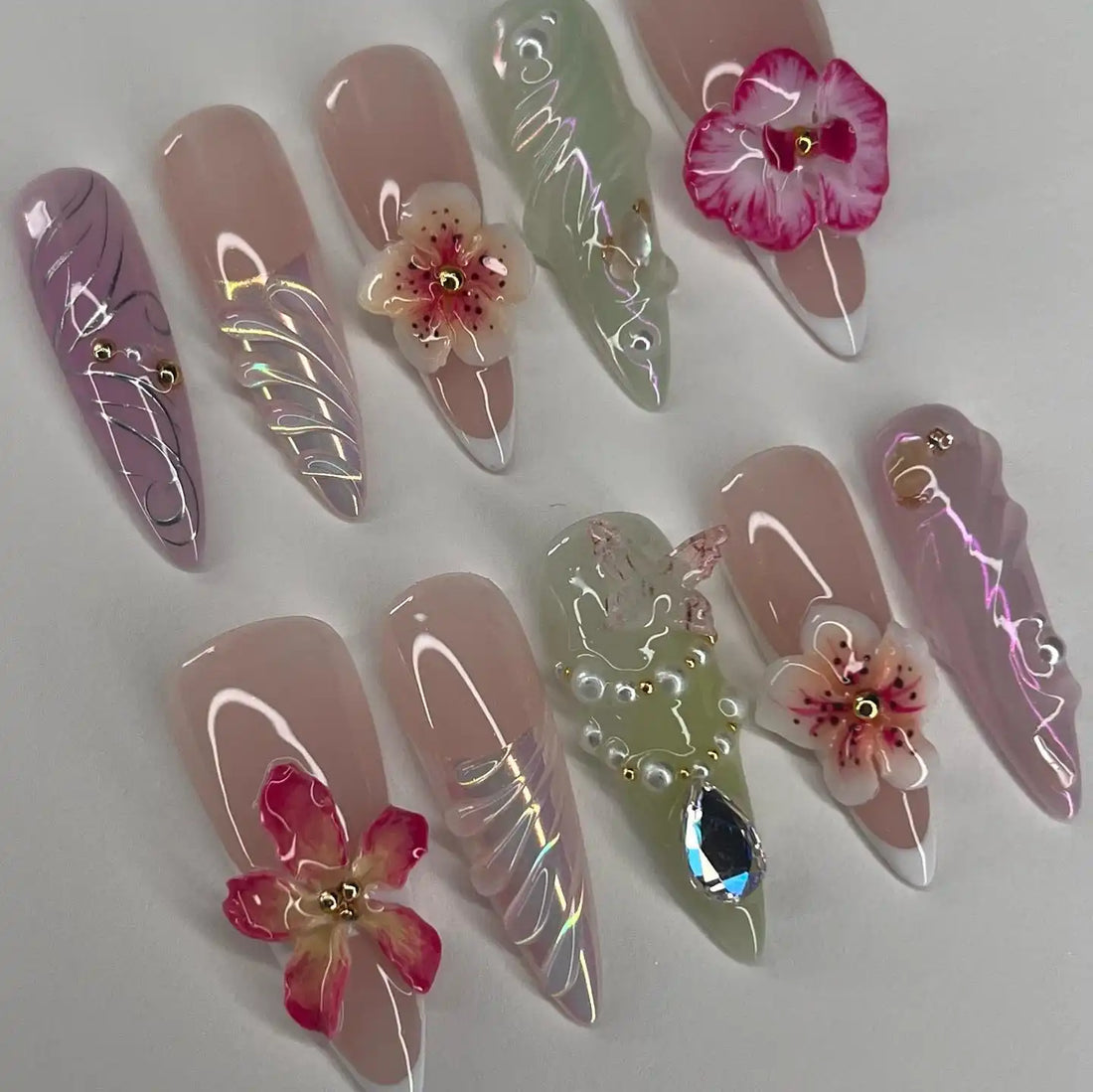 Handmade Blossom Pearls Glitter Press on Nails D79