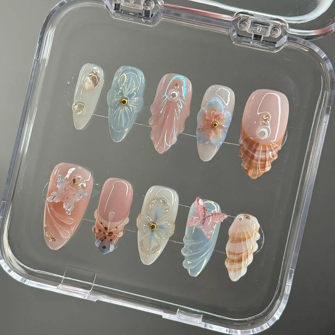 Handmade Blossom Seashell Butterfly 3D Press on Nails W98