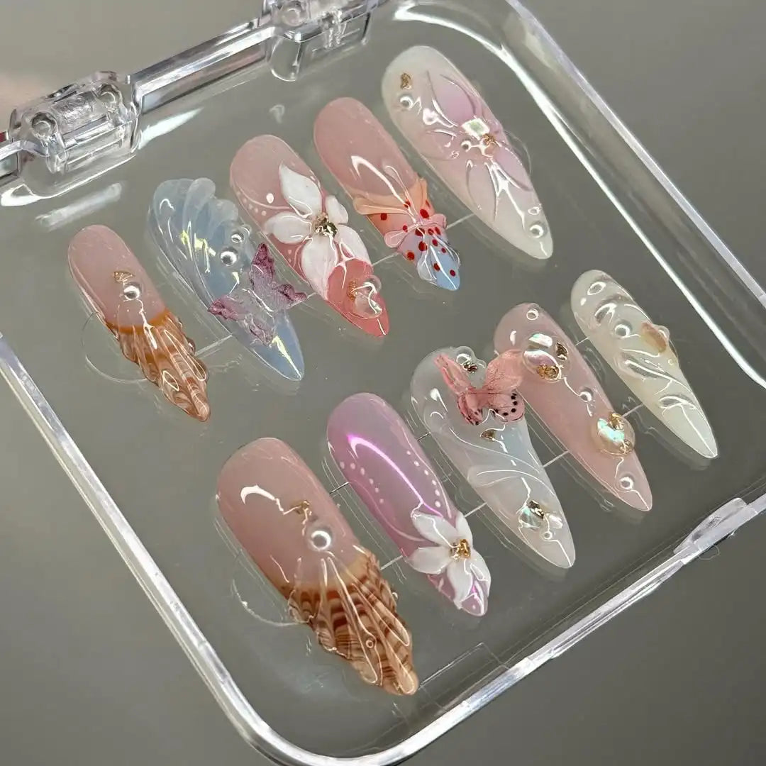 Handmade Blossom Seashell Butterfly 3D Summer Press on Nails Y78