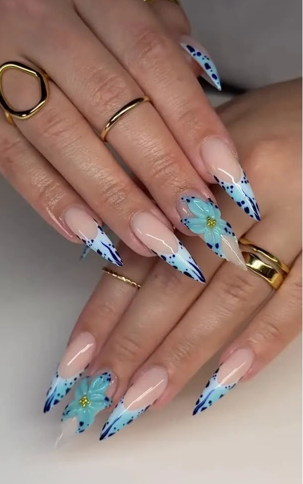 Handmade Blue Abstract Butterfly French Tip 3D Floral Press on Nails T42