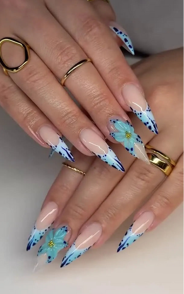 Handmade Blue Abstract Butterfly French Tip 3D Floral Press on Nails T42