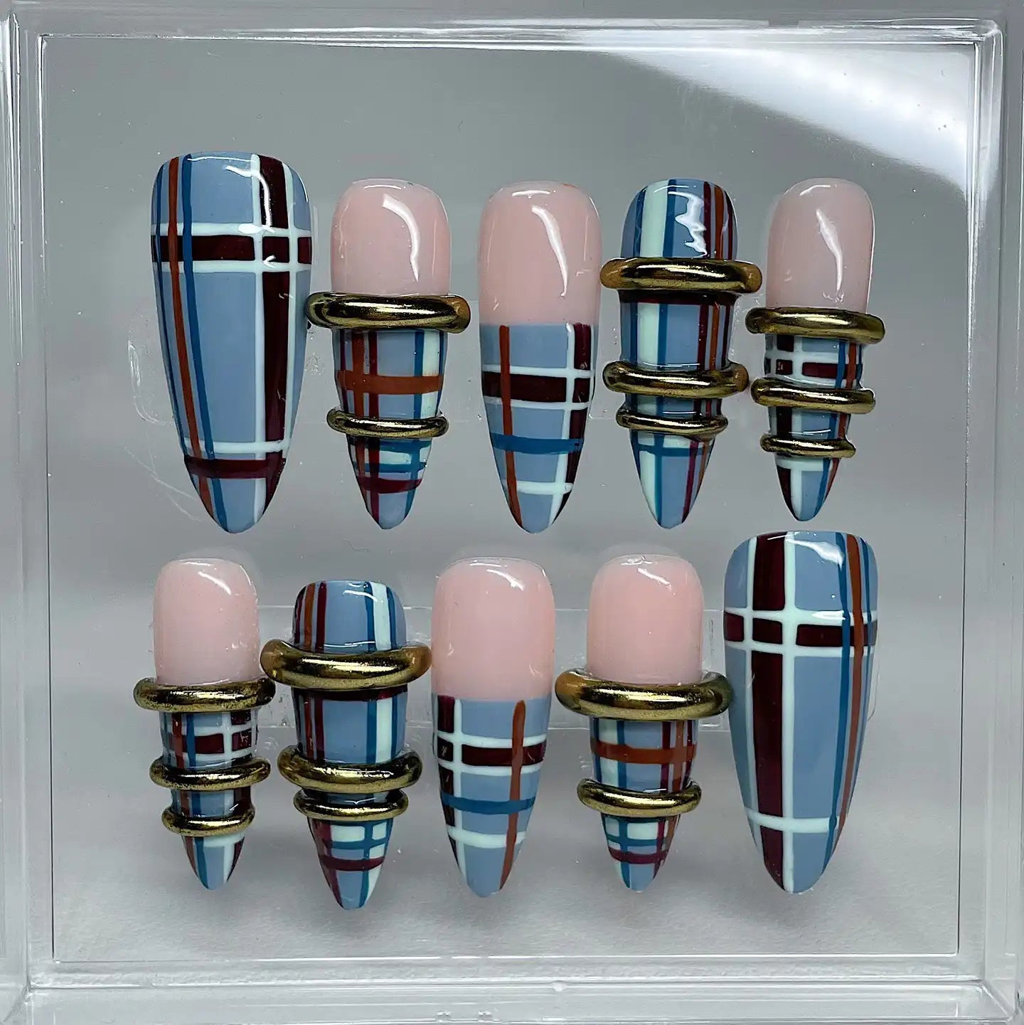 Handmade Blue Burgundy Tartan Plaid Pattern Gold Ring Press on Nails U86