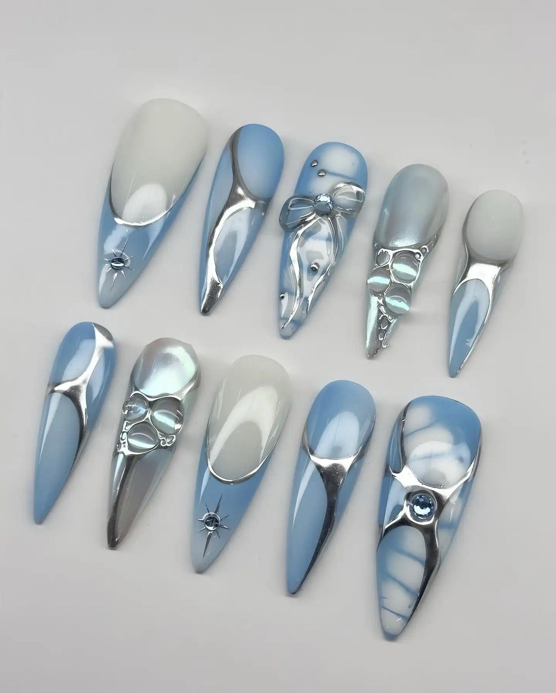 Handmade Blue Chrome Silver Bow Star Charm Fantasy Press on Nails A29