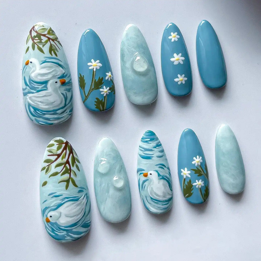 Handmade Blue Duck Pond and Daisies Spring Art Press on Nails E05