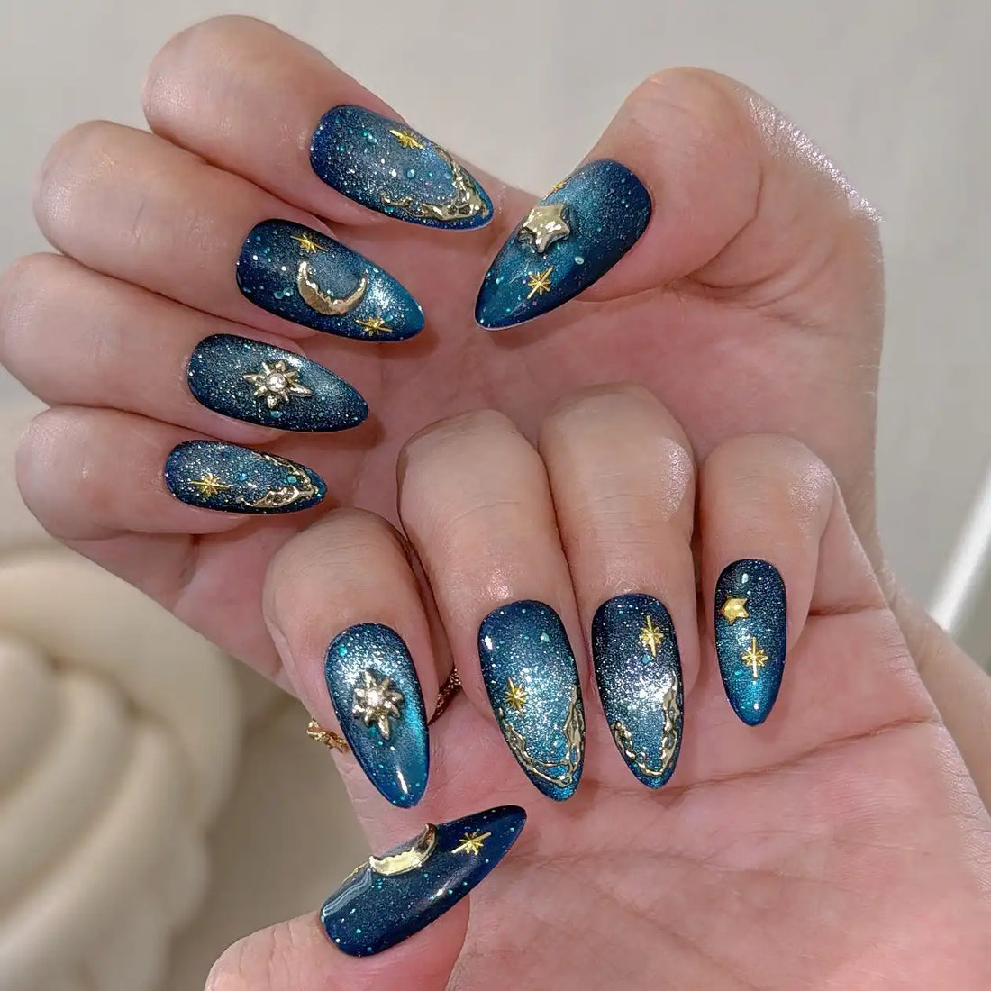 Handmade Blue Glitter Gold Moon Star Celestial Galaxy Press on Nails T75