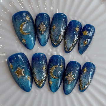 Handmade Blue Glitter Gold Moon Star Celestial Galaxy Press on Nails T75