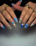 Handmade blue and gold floral 3D bohemian press-on nails with gold accents