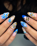 Handmade blue and gold floral 3D art bohemian press-on nails with intricate designs