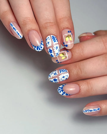 Handmade Blue Tile Lemon French Tip Artistic Press on Nails F30