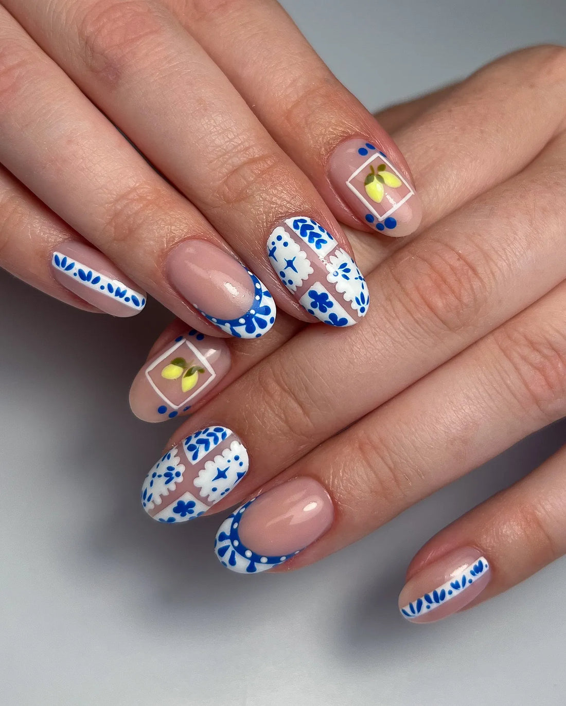 Handmade Blue Tile Lemon French Tip Artistic Press on Nails F30