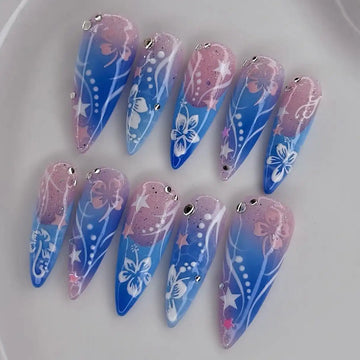 Handmade Blue Pink Ombre Floral Hibiscus Summer Press on Nails G08