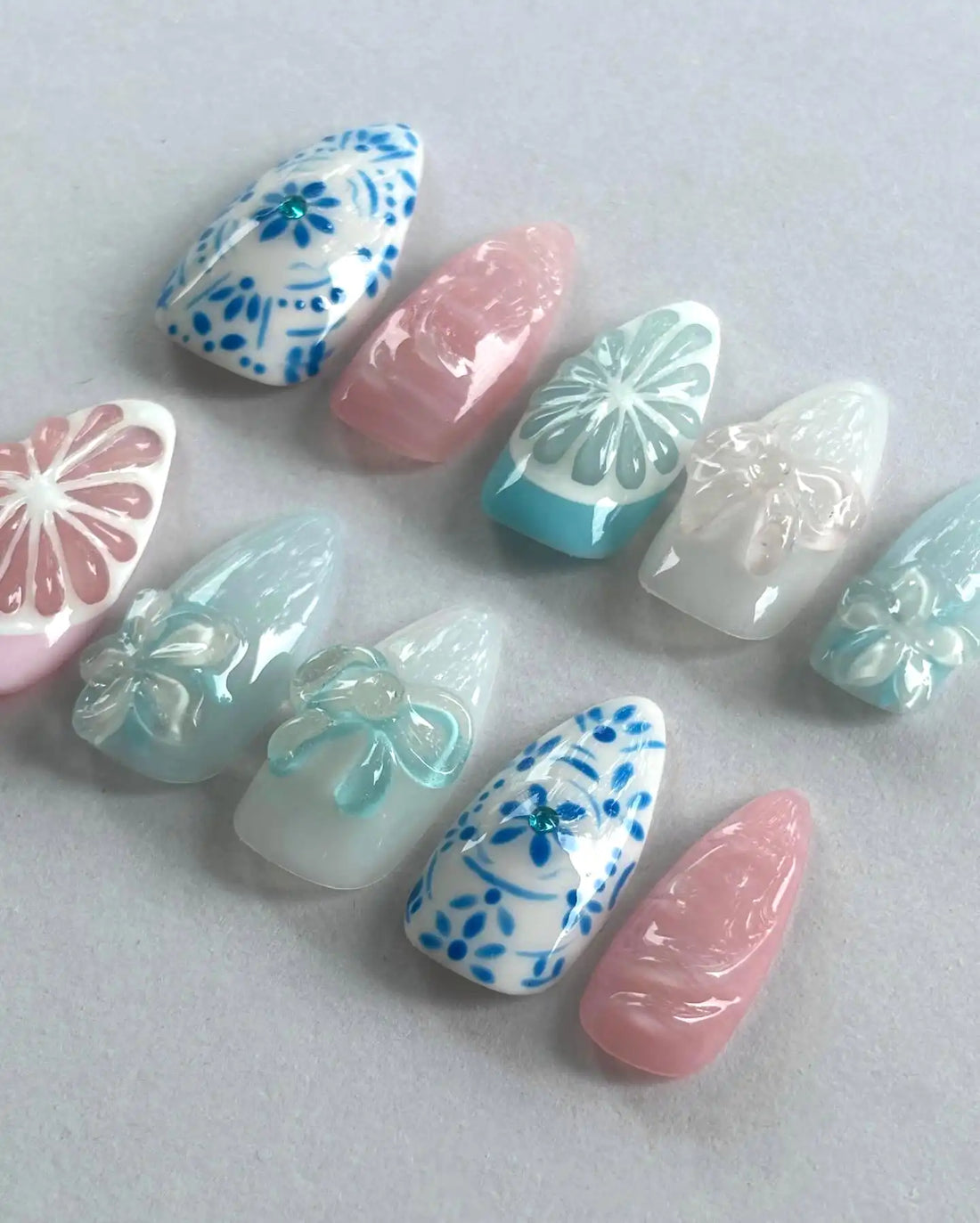 Handmade Blue Porcelain Floral Bow Citrus Pastel Summer Press on Nails O72
