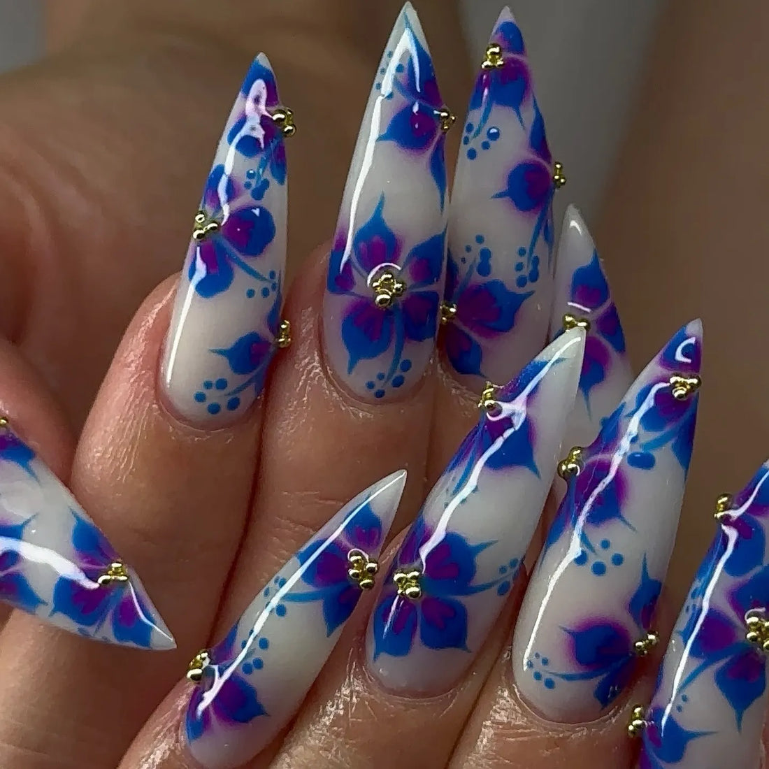 Handmade Blue Purple Watercolor Floral Fantasy Artistic Press on Nails M63