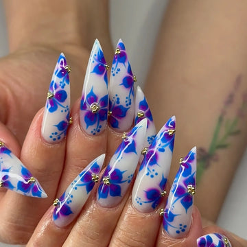 Handmade Blue Purple Watercolor Floral Fantasy Artistic Press on Nails M63