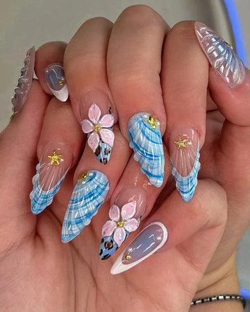 Handmade Blue Shell Flower Starfish 3D Ocean Summer Press on Nails C07