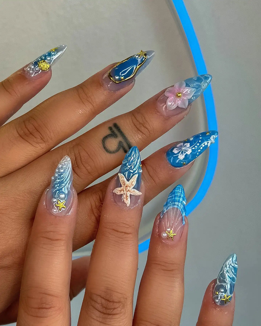 Handmade Blue Shell Flower Starfish 3D Ocean Summer Press on Nails C07