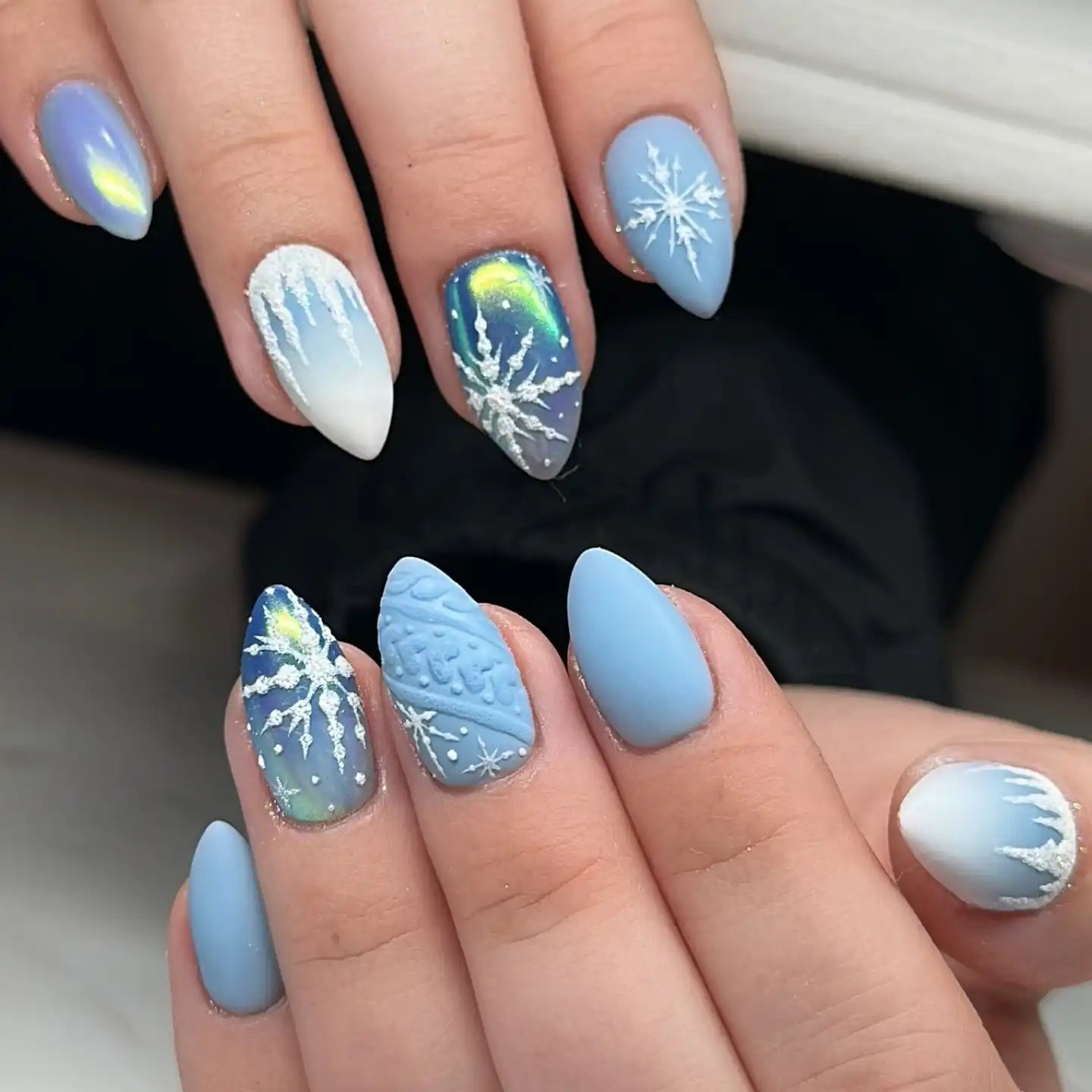 Handmade Blue Sweater Snowflakes Icicle Winter Holo Frost Press on Nails U94