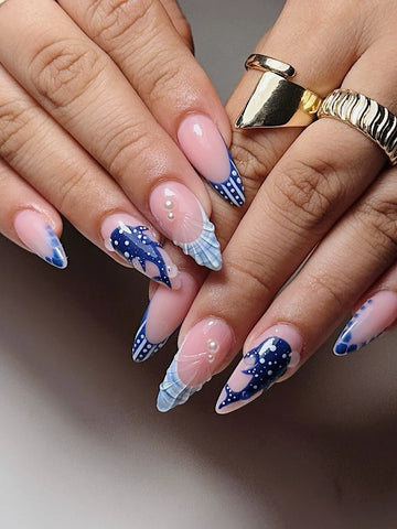 Handmade Blue Whale Shark 3D Seashell Pearl Nautical Press on Nails Y95