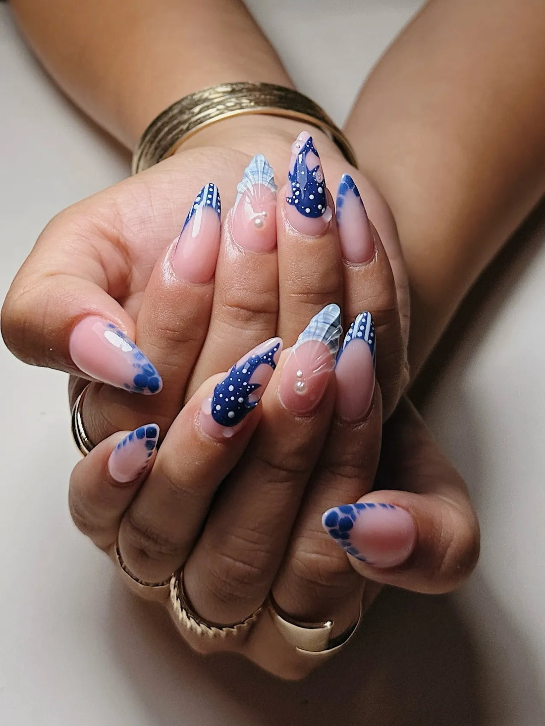 Handmade Blue Whale Shark 3D Seashell Pearl Nautical Press on Nails Y95