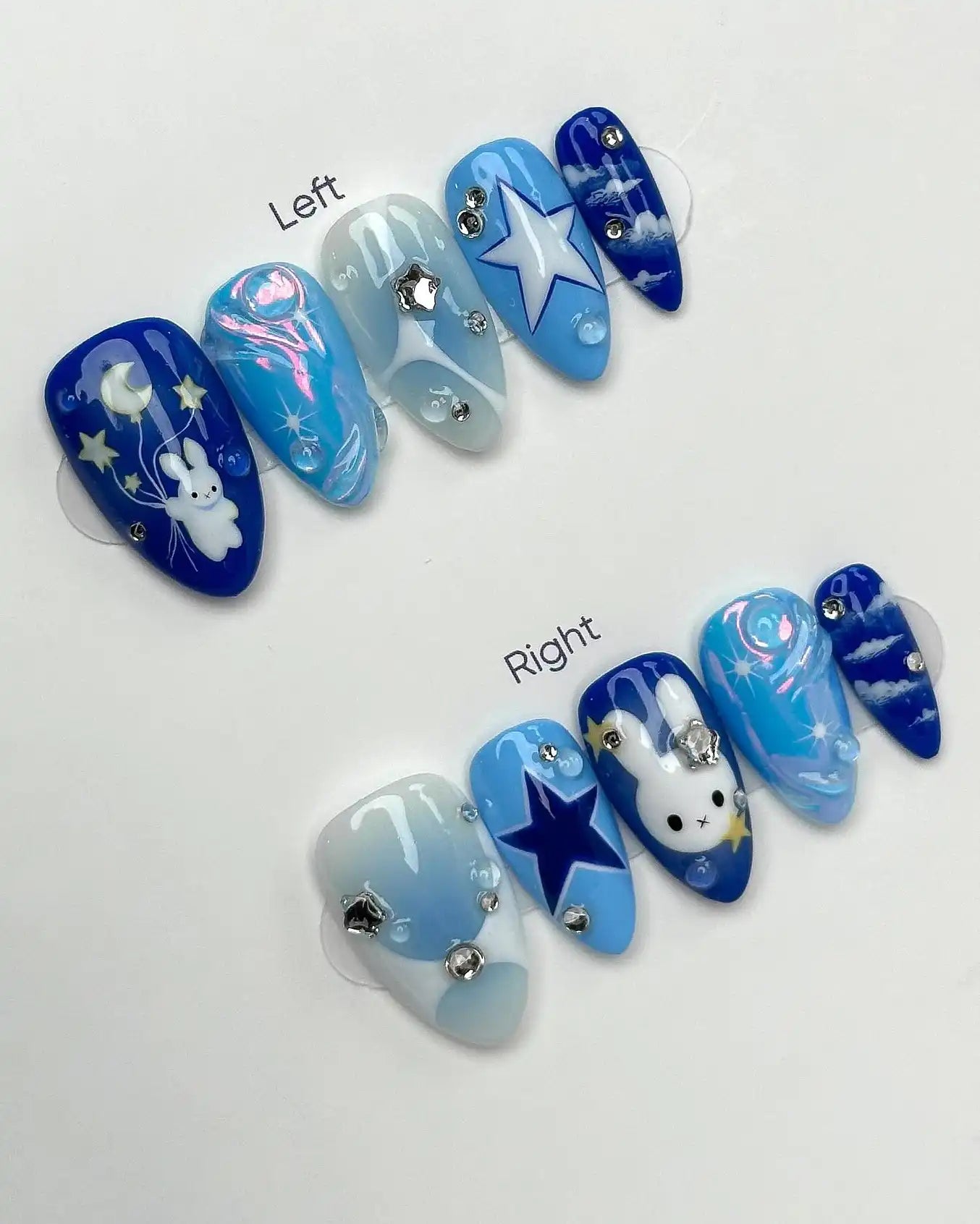 Handmade Blue White Bunny Star Cloud Moon Sky Kawaii Cute Press on Nails B73