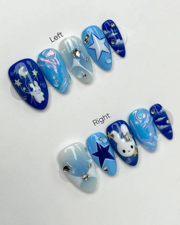 Handmade Blue White Bunny Star Cloud Moon Sky Kawaii Cute Press on Nails B73