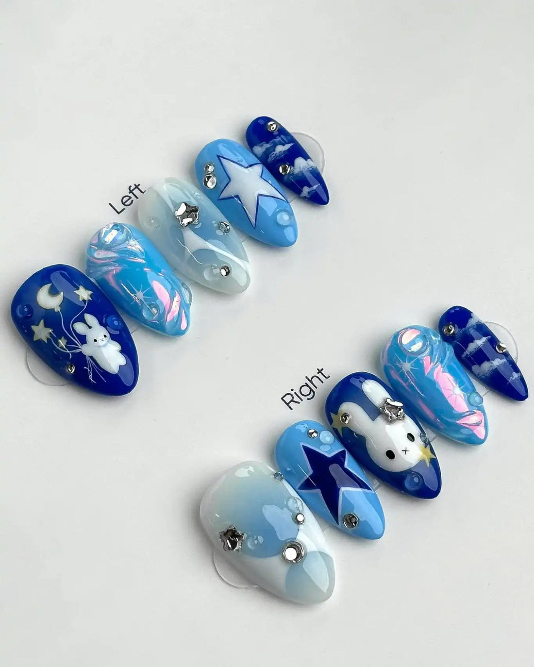 Handmade Blue White Bunny Star Cloud Moon Sky Kawaii Cute Press on Nails B73