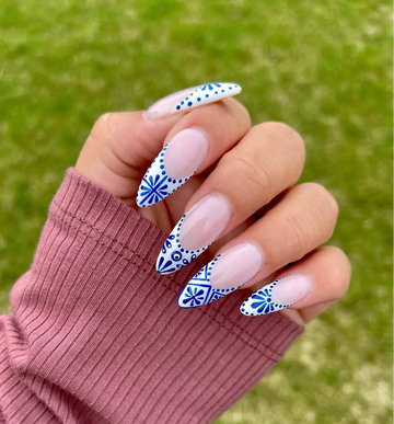 Handmade Blue White French Tip Tile Delicate Pattern Summer Press on Nails Y00