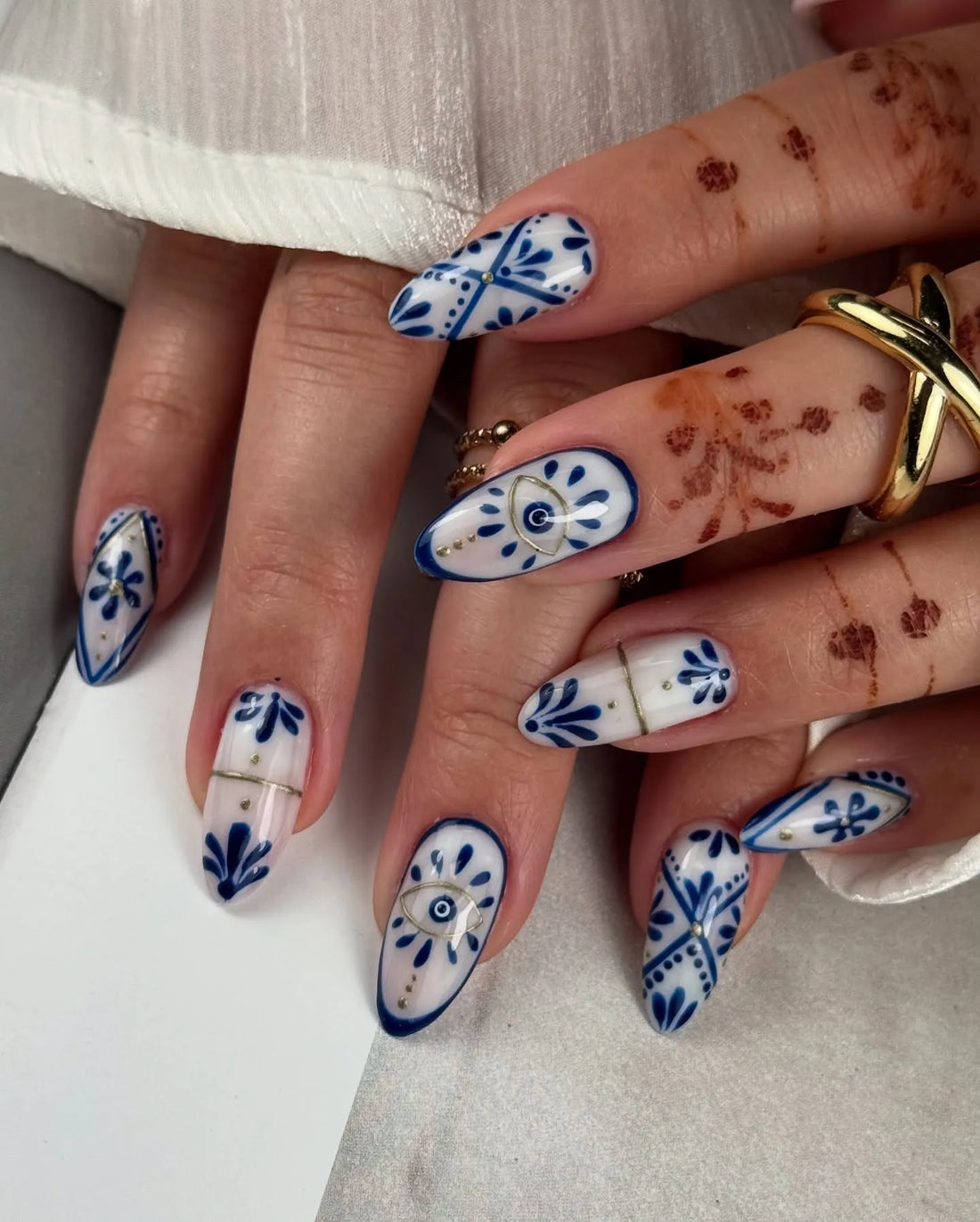 Handmade Blue White Portuguese Azulejo Tile Evil Eye Gold Accent Fake Nails K30