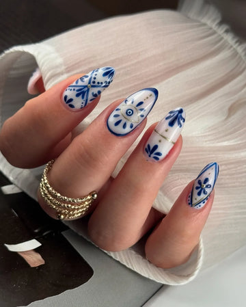 Handmade Blue White Portuguese Azulejo Tile Evil Eye Gold Accent Fake Nails K30