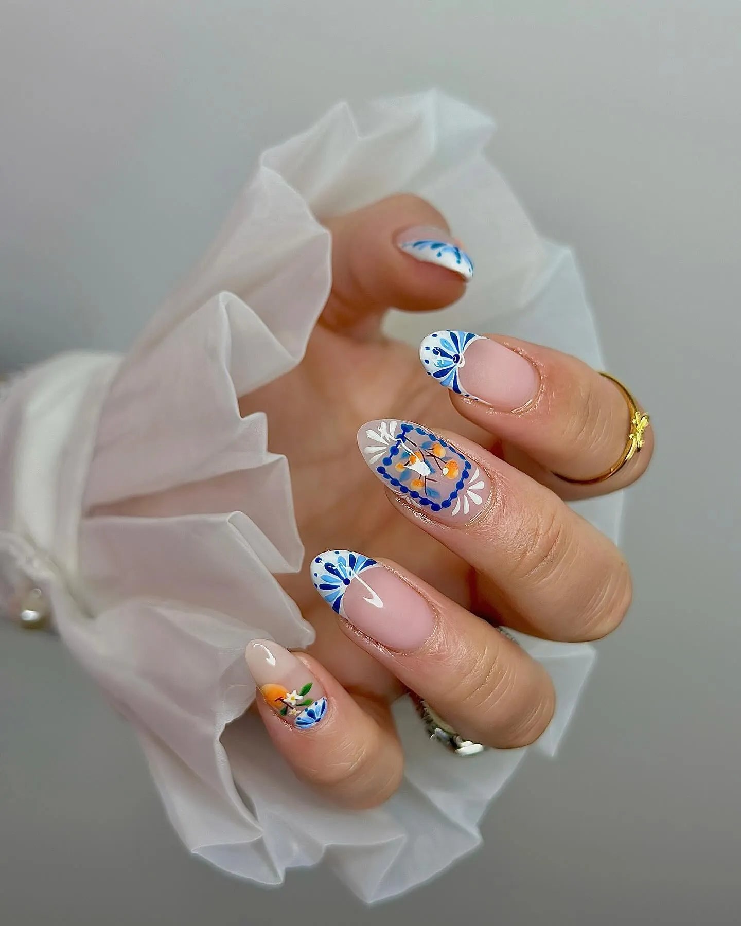 Handmade Blue White Tile Citrus Spring Press on Nails E16