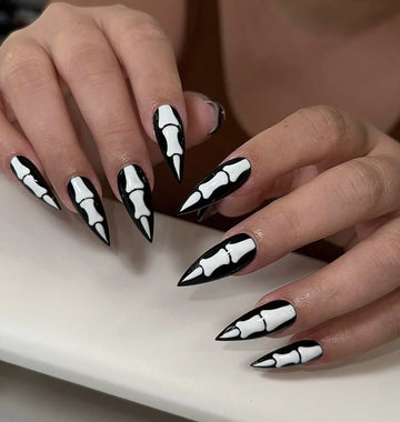 Handmade Bold Gothic Glossy Skeleton Bone Stiletto Press on Nails PW8