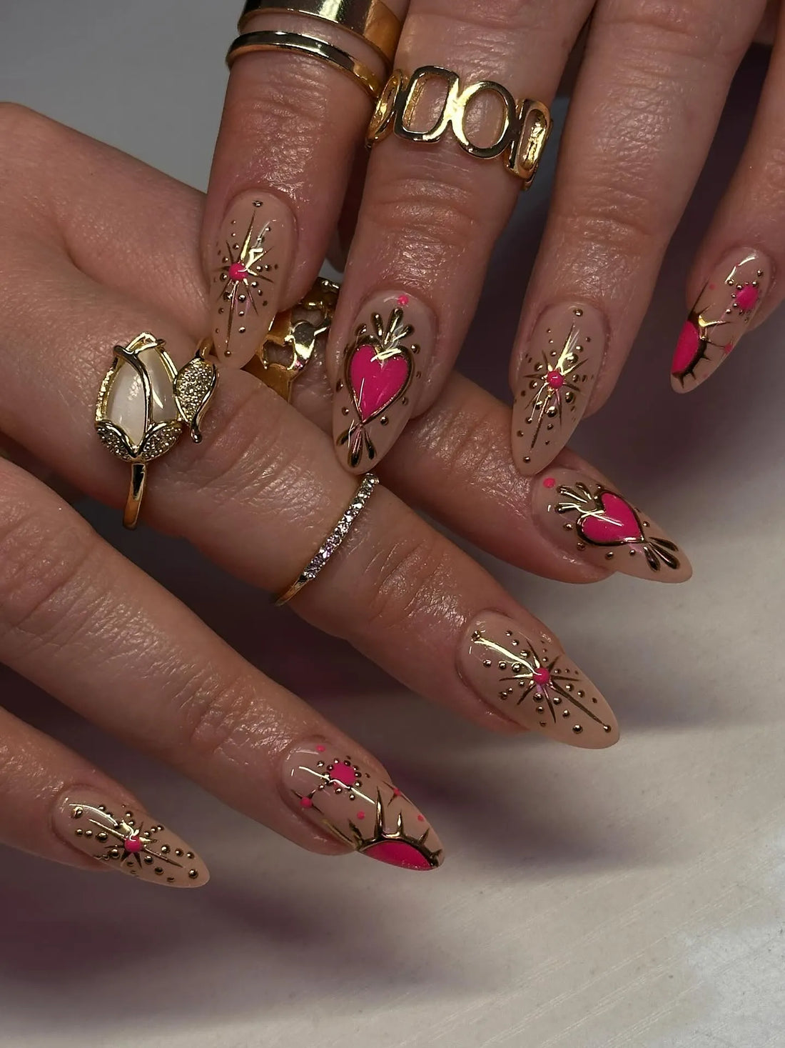 Handmade Bold Heart Gold Chrome Pink Rhinestone Fake Nails M72
