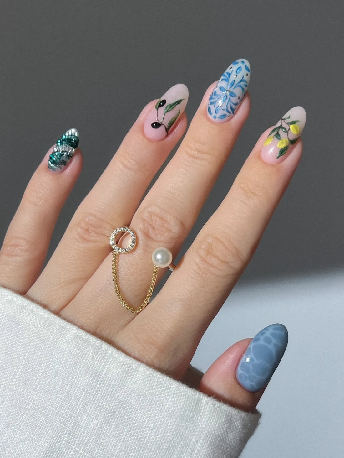 Handmade Botanical Blue Floral Fruit Summer Garden Press on Nails N32