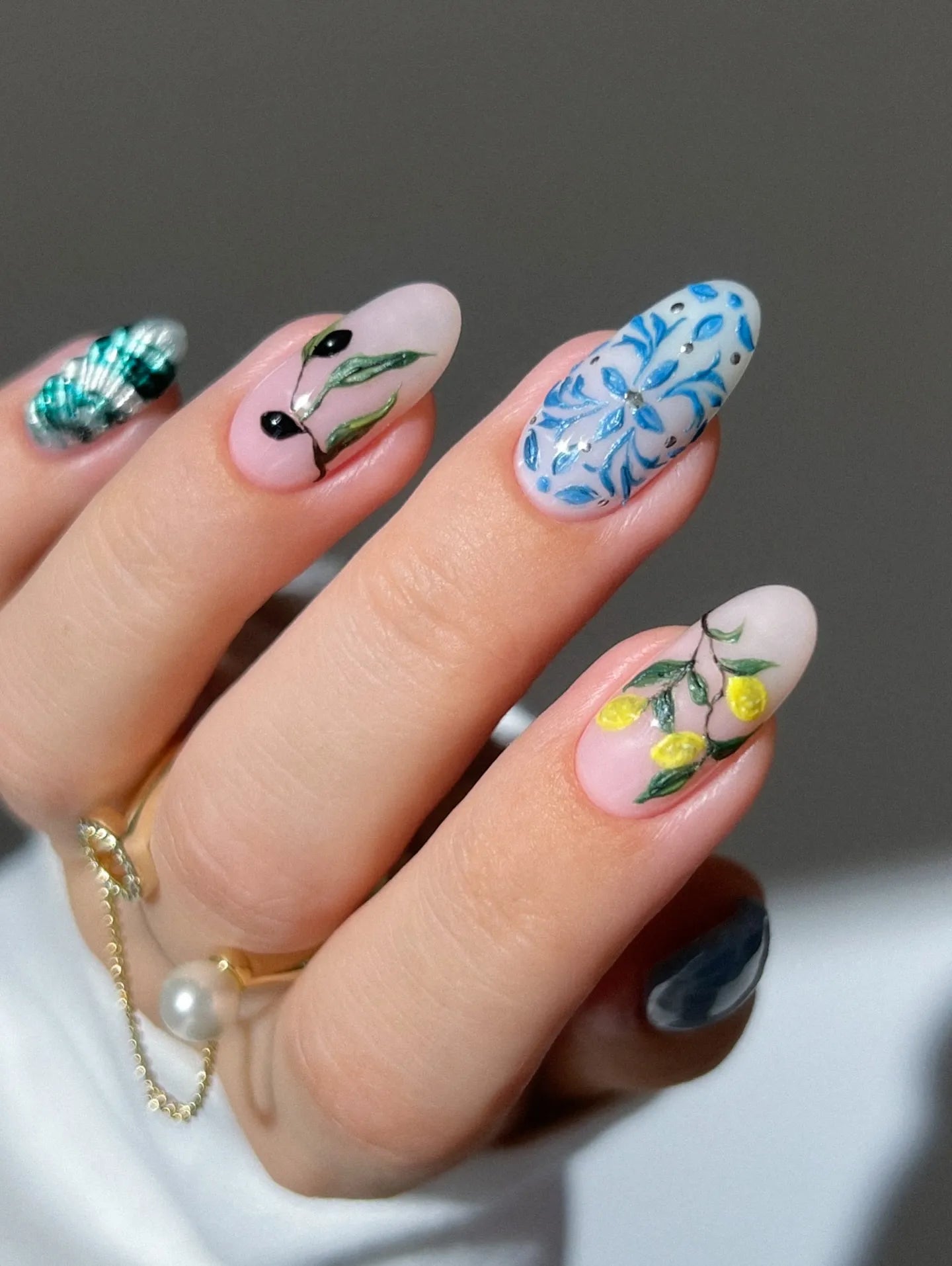 Handmade Botanical Blue Floral Fruit Summer Garden Press on Nails N32