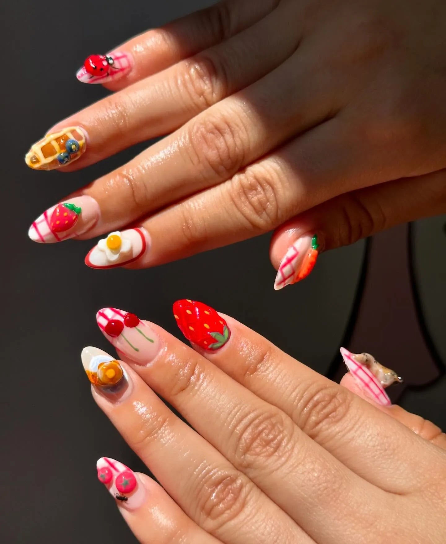 Handmade Breakfast Food Strawberry Waffle Fried Egg Press on Nails N93