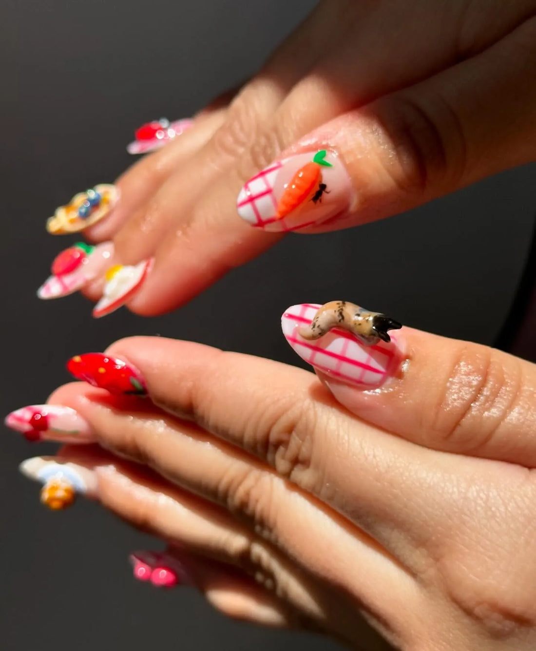 Handmade Breakfast Food Strawberry Waffle Fried Egg Press on Nails N93