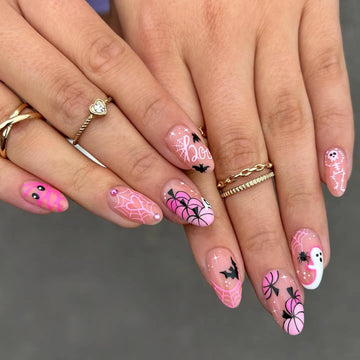 Handmade Bright Barbie Pink Pumpkin Skeleton Boo Bat Spiderweb Press on Nails QE7