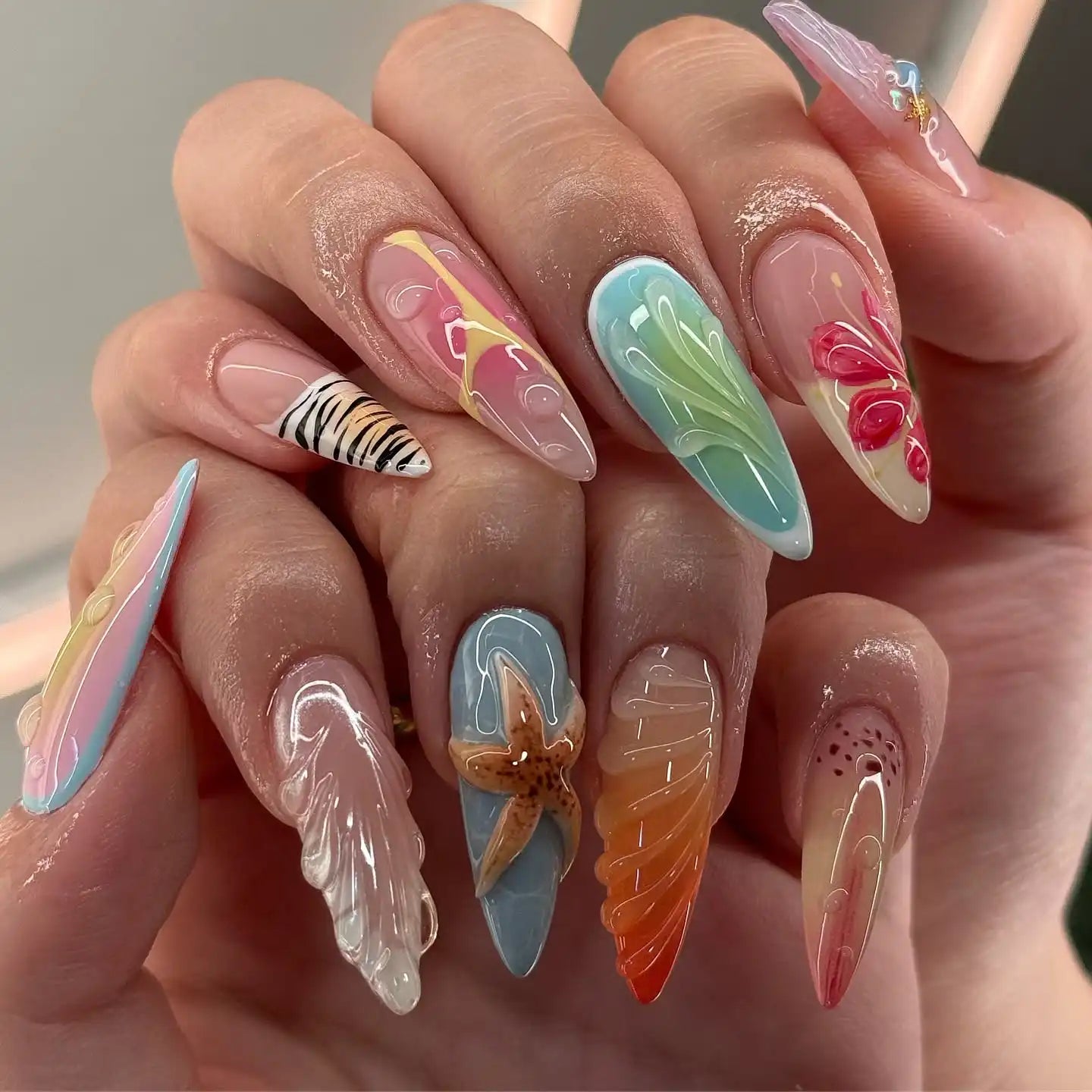 Handmade Bright Colorful Starfish Seashell Summer Fake Nails G91
