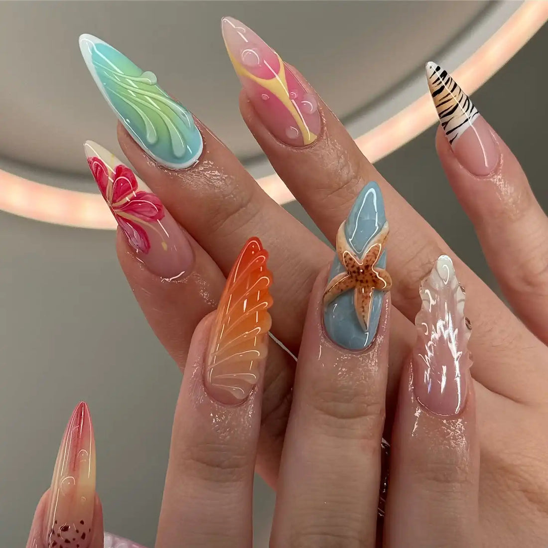 Handmade Bright Colorful Starfish Seashell Summer Fake Nails G91