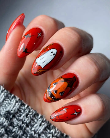 Handmade Bright Red Halloween Ghost Jack O Lantern Web Bat Fake Nails PY1