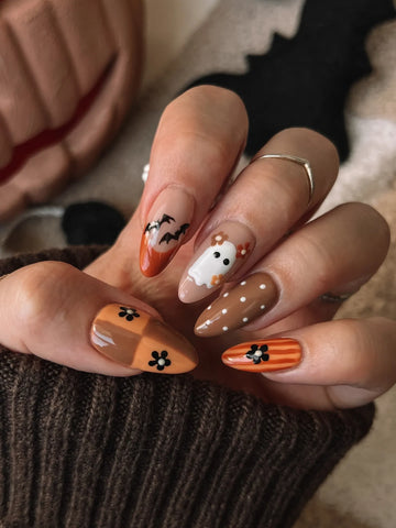 Handmade Brown Polka Dot Cute Ghost Bat Pumpkin French Press on Nails QD5