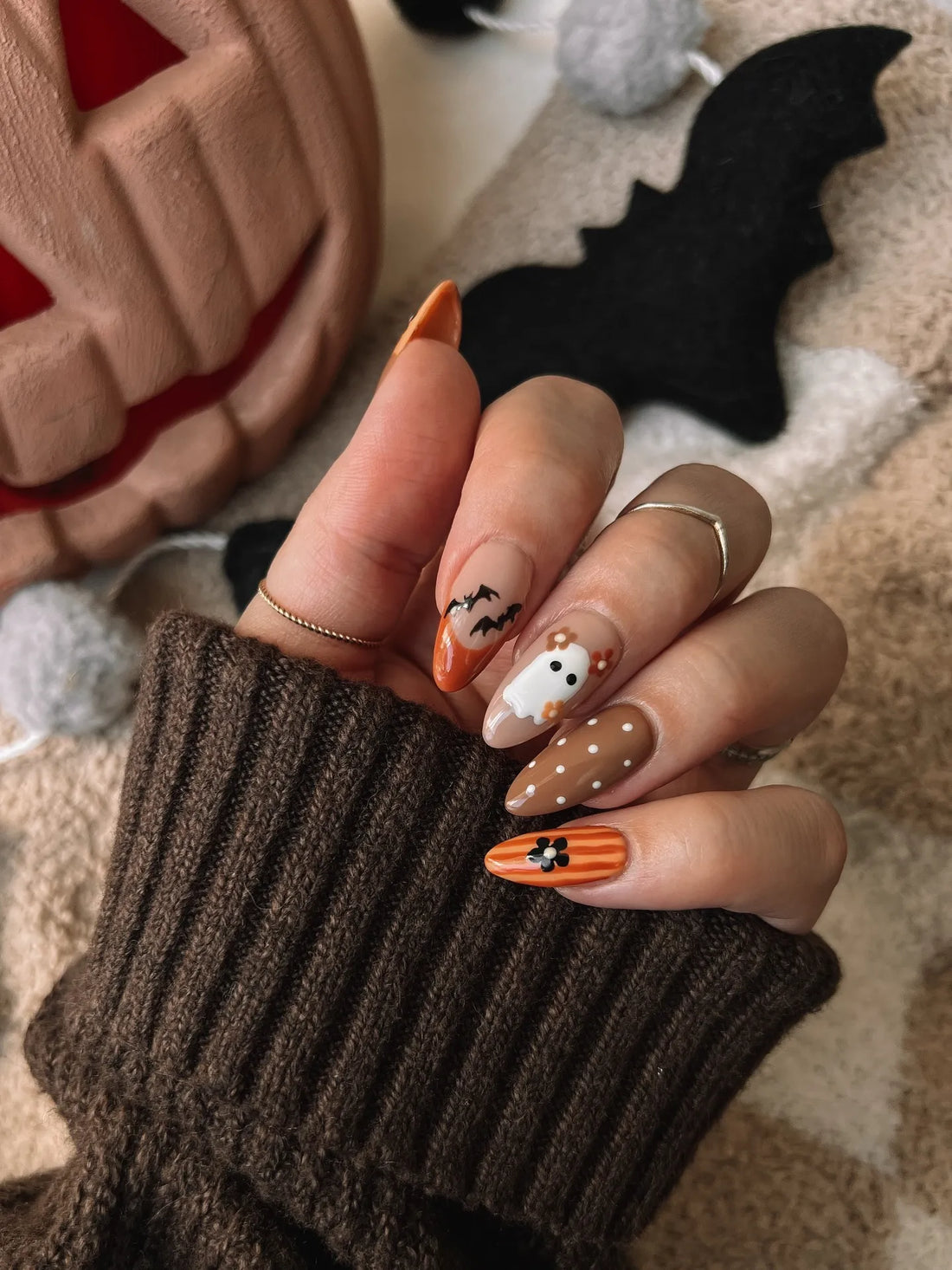 Handmade Brown Polka Dot Cute Ghost Bat Pumpkin French Press on Nails QD5