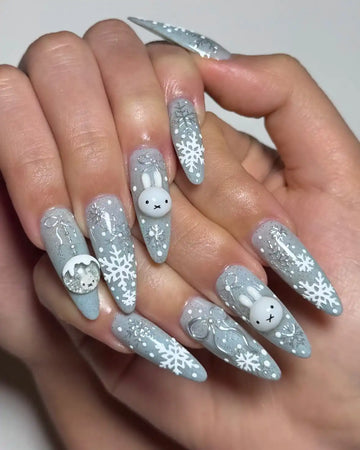 Handmade Bunny Snowflake Glitter Cute Winter Christmas Theme Press on Nails S94