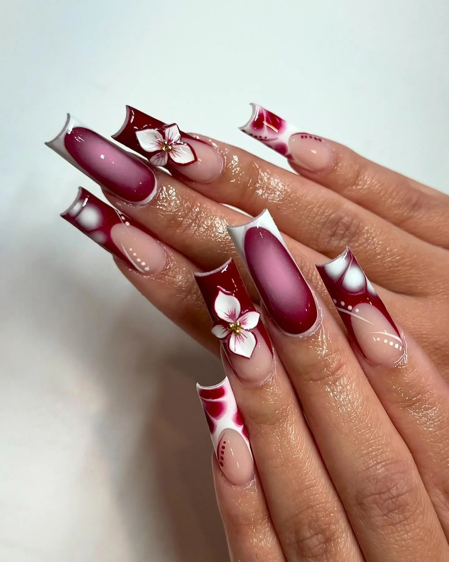 Handmade Burgundy Abstract Ombre 3D Flower French Tip Glamour Press on Nails V90