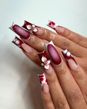 Handmade Burgundy Abstract Ombre 3D Flower French Tip Glamour Press on Nails V90