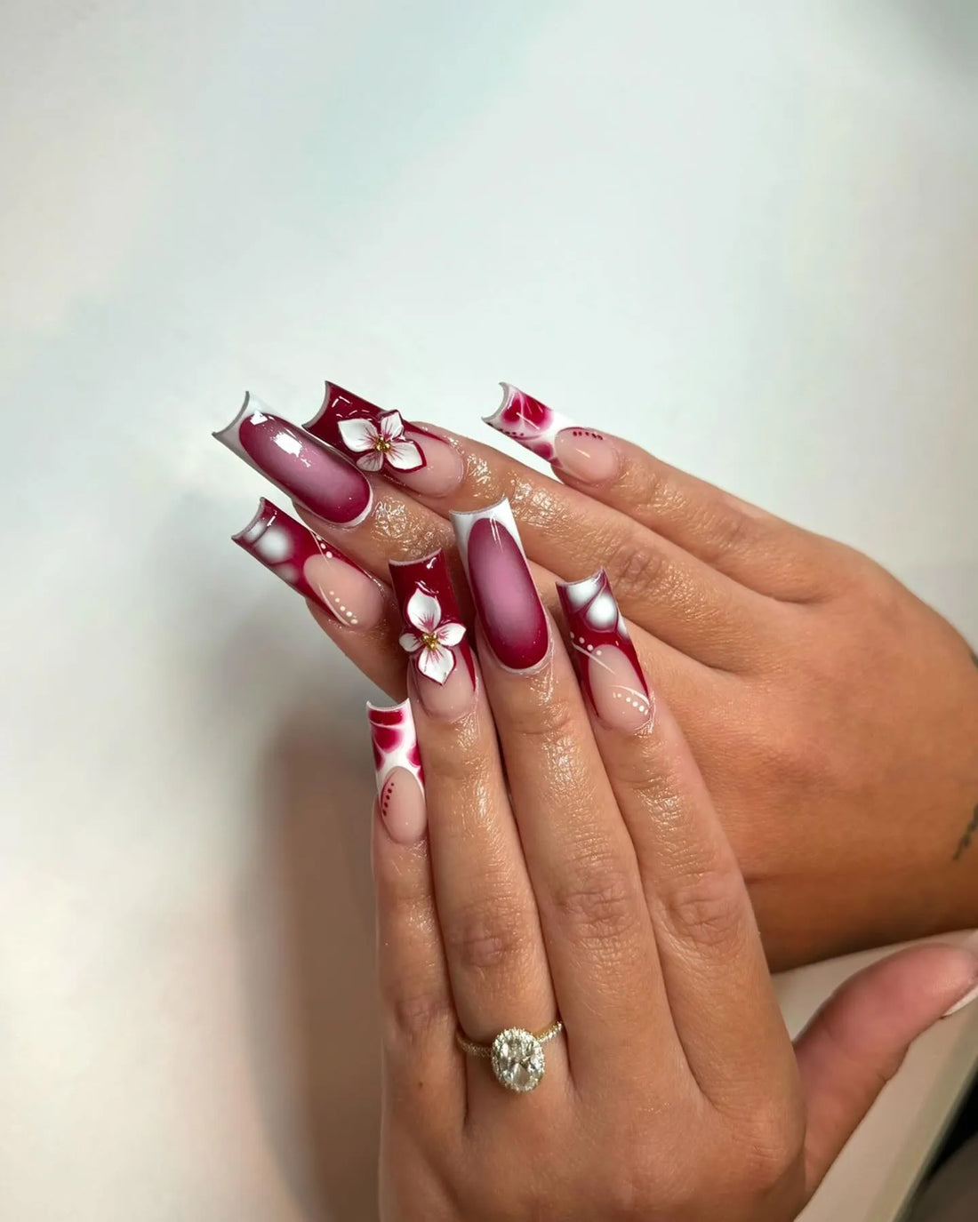 Handmade Burgundy Abstract Ombre 3D Flower French Tip Glamour Press on Nails V90